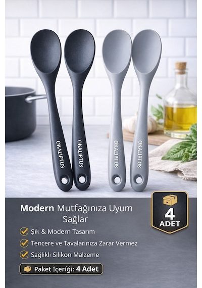 4 Adet Ultra Sert Uçlu Silikon Servis Pilav Kaşığı Yüksek Isıya Dayanıklı Yanmaz Yapışmaz Çok Renkli