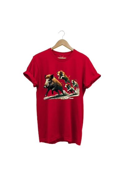 Avcılık Hunter Domuz Avı Ve Av Köpekleri Baskılı Regular Fit %100 Pamuk Kırmızı T-shirt Kırmızı