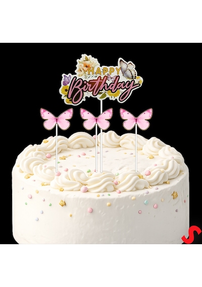 Kelebekli Happy Birthday Pasta Süsü 4 Lü Set - Pembe