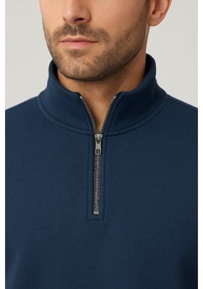 We&me Regular Fit Yarım Fermuarlı Dik Yaka Basic Sweatshirt Mavi