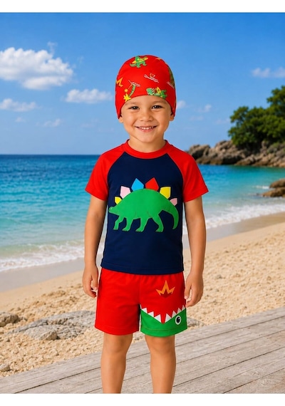 My Kids Wear Erkek Çocuk Dinozor Desenli Deniz Şortu Takımı 3 Parça Mayo Seti 12757 Siyah - Kırmızı My Kids Wear Erkek Çocuk Dinozor Desenli Deniz Şortu Takımı 3 Parça Mayo Seti 12757 Siyah - Kırmızı