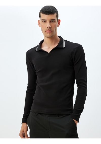 Koton Slim Fit Tişört Uzun Kollu V Yaka Polo Pamuklu Siyah 5wam10197hk Siyah