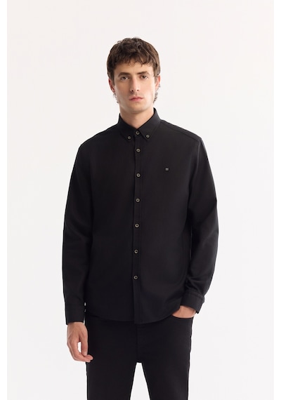 Avva Erkek Siyah Düğmeli Yaka Pamuklu Soft Touch Regular Fit Gömlek B002036