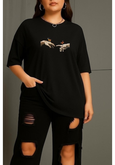 Büyük Beden Özgürlük Baskılı Unisex Tişört SIYAH