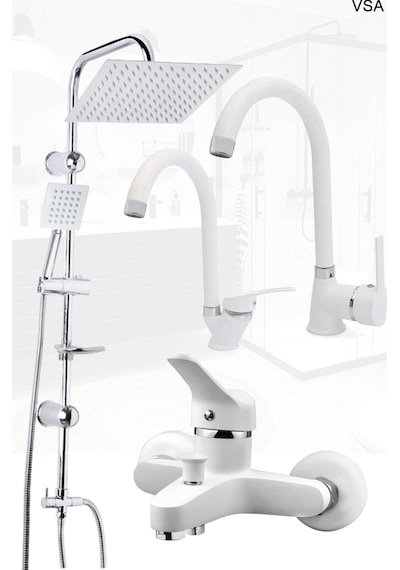 Beyaz Robot Yağmurlama Duş Seti Banyo Mutfak Lavabo Bataryası Pirinç Musluk Seti Beyaz