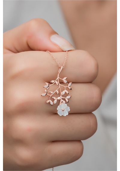 925 Ayar Gümüş Filizlenmiş Manolya Çiçeği Kolye Rose Gold