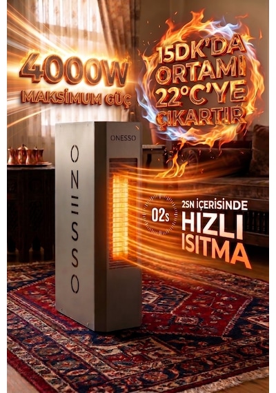 Onesso Pro 4000w Sessiz Elektrikli Fanlı Isıtıcı - 3 Modlu Termostatlı 40m²'ye Kadar Etkili, 2sn Hızlı Isınma, Ev & Ofis & Atölye 2 Yıl li