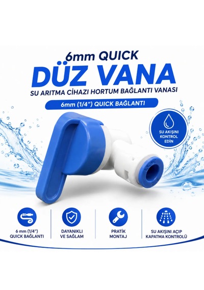 Ortimax Su Arıtma Cihazı 6 Mm Quick Düz Vana 1/4 Hortum Açma Kapama Vanası -