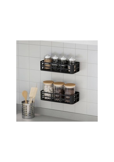 Siyah Yapışkanlı Banyo Duş Rafı - 2'li Set İle Matkapsız Montaj Aahşap