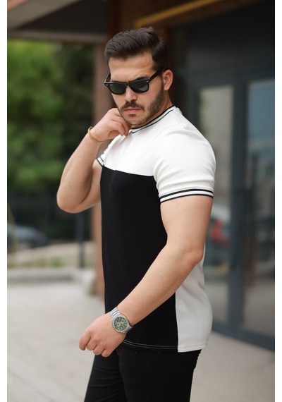 Erkek Parçalı Renk Kısa Kollu Tişört Siyah - Beyaz