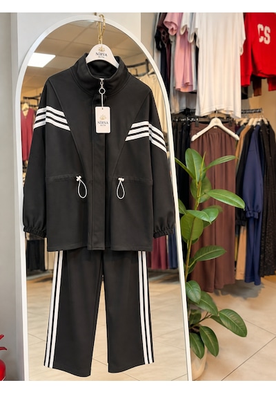 Nirva Butik Kadın Büyük Beden Şerit Fermuarlı İkili Takım Siyah
