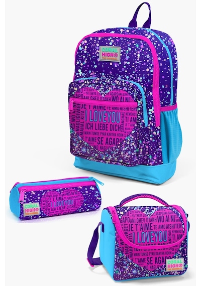 Coral High Kids Mor Mavi Pembe Kalp Desenli 3 Lü Okul Çanta Seti Set0123740