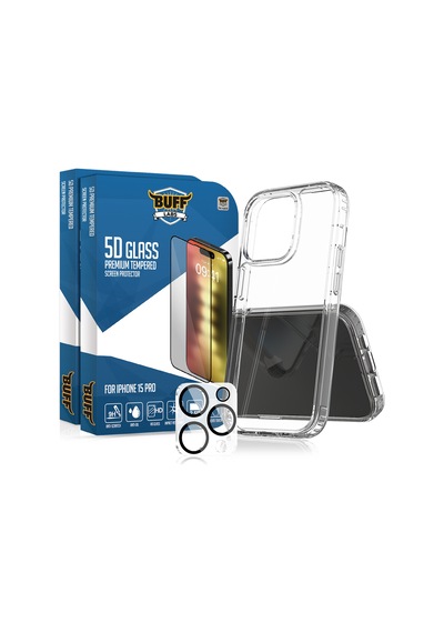 Buff Apple iPhone Uyumlu  15 Pro - 2x5d Ekran Koruyucu + Şeffaf Kılıf + Lens Koruyucu Glass