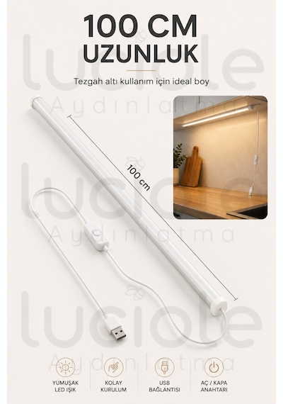 Mutfak Dolap Altı Günışığı Led Çubuk 100 Cm Usb 5v Anahtarlı Yapışkanlı Tezgah Raf Işığı