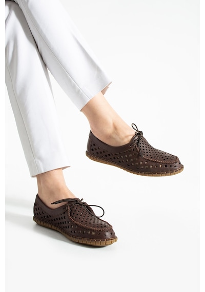 Dabab Shoes Vırena Kadın Acı Kahve Hakiki Deri File Bağcıklı Düz Taban Yazlık Babet Loafer Ayakkabı Kahverengi