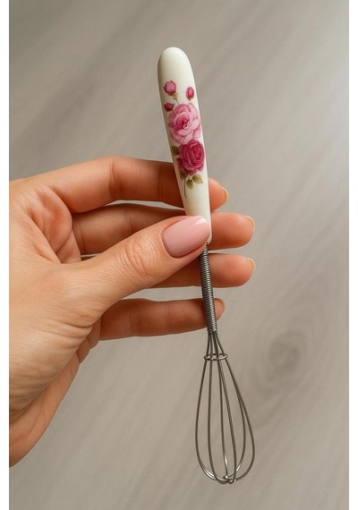 Mini Kahve Çırpıcı Porselen Saplı Süt Yumurta Çırpıcı 19 Cm Desenli Çırpıcı Tel Gümüş
