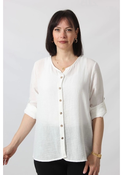 Moda Berray Bb-0269 Keten Kolu Apoletli Sıfır Yaka Büyük Beden Beyaz Gömlek Beyaz