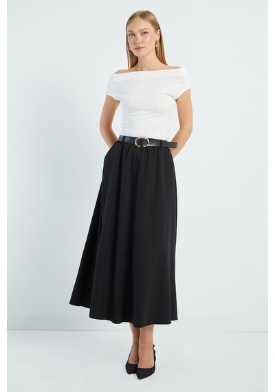 Fullamoda Beli Kemerli Maxi Boy Etek Siyah