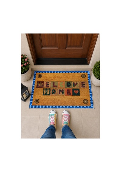 Renkli Welcome Home Figürlü Retro Tasarım Dekoratif Kapı Önü Paspası 40x60cm Çok Renkli
