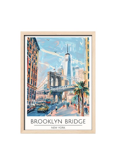 Brooklyn Bridge New York Travel Poster Ahşap Çerçeveli Dekoratif Duvar Tablosu Ahşap 01