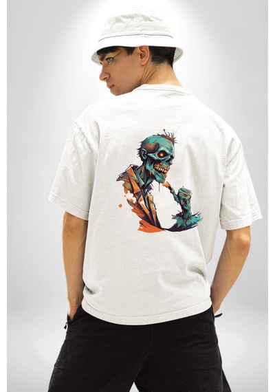 Zombi İskelet Kendine Yumruk Beyaz Oversize Unisex Ön Ve Sırt Baskılı Tişört Beyaz