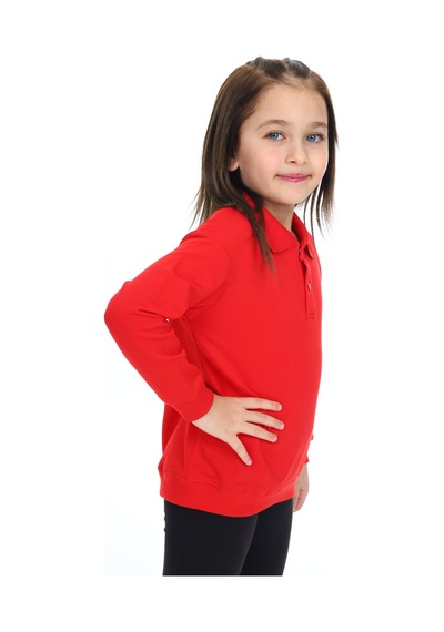 Kız Çocuk Regular Fit Polo Yaka Düşük Omuz Nakış Baskılı Sweatshirt - 2 İplik Kırmızı