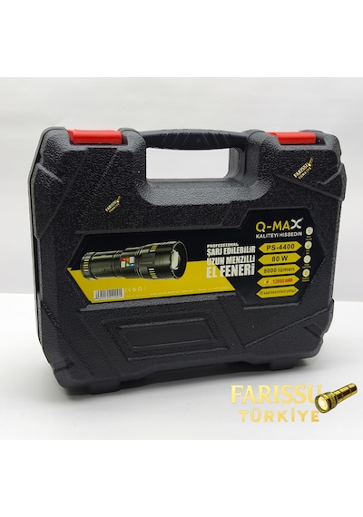 Q-max Ps-4400 Şarj Edilebilir Uzun Menzilli Profesyonel El Feneri 80w 8000 Lümen Powerbank Özellikli Siyah