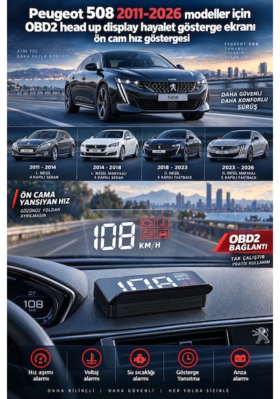 Peugeot 508 2011-2026 Modeller İçin Obd2 Head Up Display Hayalet Gösterge Ekranı Ön Cam Hız Göstergesi