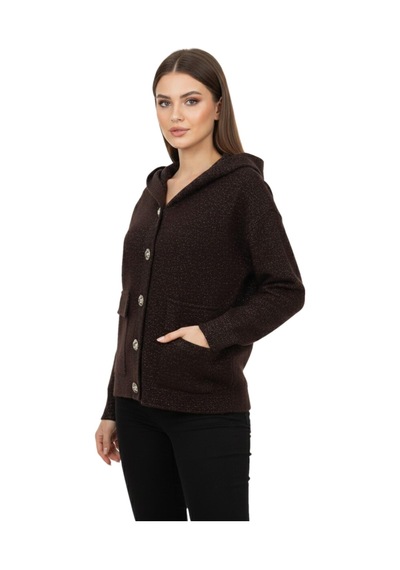 Lavella Kadın Kapüşonlu Spor Düğmeli Triko Torba Cep Sakallı Hırka Bgl-st05074 Kahve
