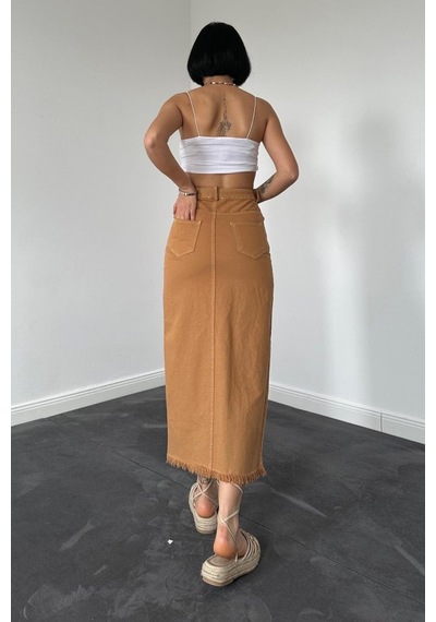 Dogutrend Camel Gabardin Boyamalı Püsküllü Etek