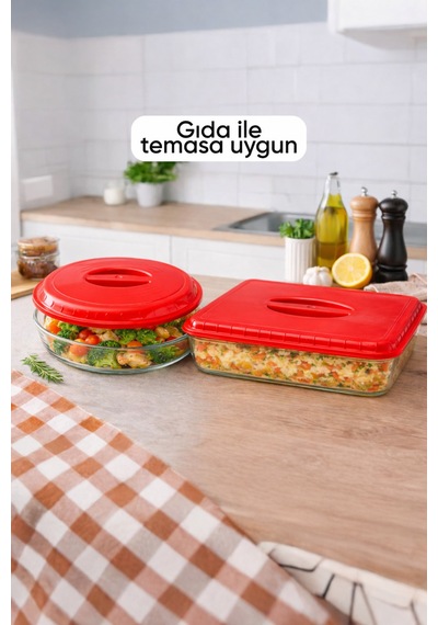 Kırmızı Sızdırmaz Borcam Kapağı Yuvarlak Ve Dikdörtgen Gıda Saklama 29x38 Cm