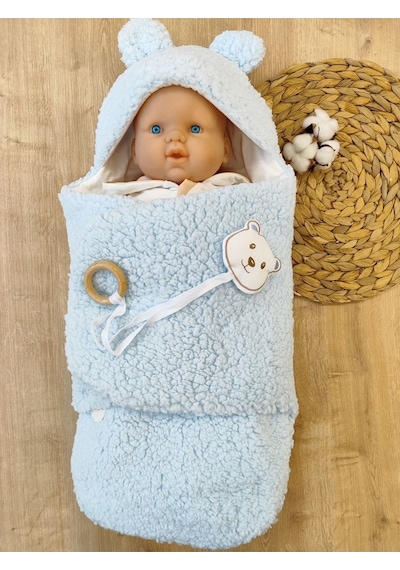 Peluş Bebek Dış Kundağı Oyuncaklı Uyku Tulumu Hastane Çıkışı Hediyelik Sarma Battaniye Mavi