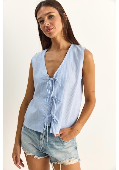 Shade Kadın %100 Pamuk Kalın Askılı Önden Bağlama Detaylı Çizgili Peplum Bluz 60282045 - Beyaz-mavi Çok Renkli