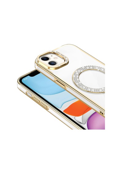 Apple Uyumlu iPhone 12 Kılıf Pırlanta Taş Tasarımlı M-safe Şarj Özellikli Zore Karetta Silikon Kapak Rose Gold