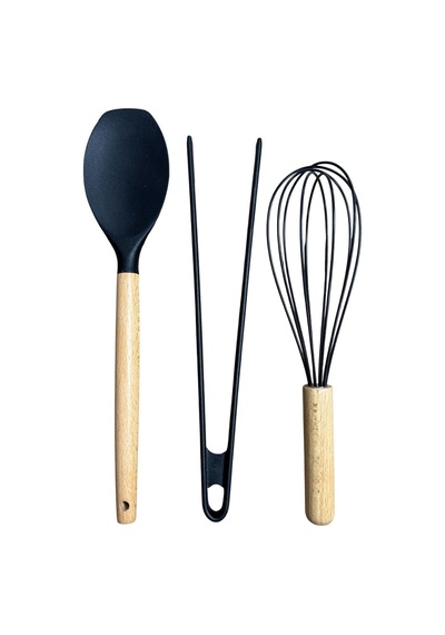 Büyük Boy Silikon Set, Düz Spatula, Maşa, Ahşap Çırpıcı Seti 3 Adet, Antrasit Çok Renkli