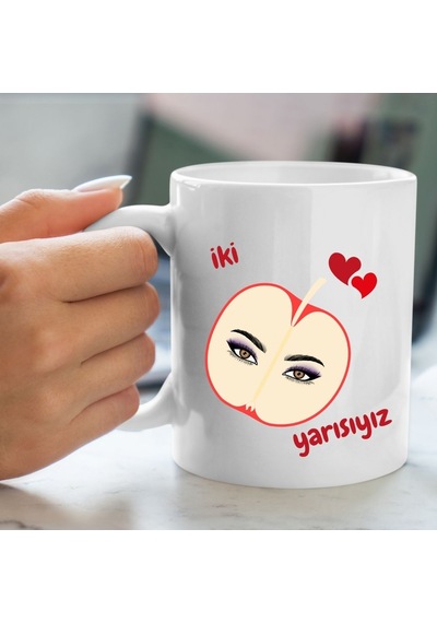 Bir Elmanın İki Yarısı Tasarımlı Kupa Bardak Saydam