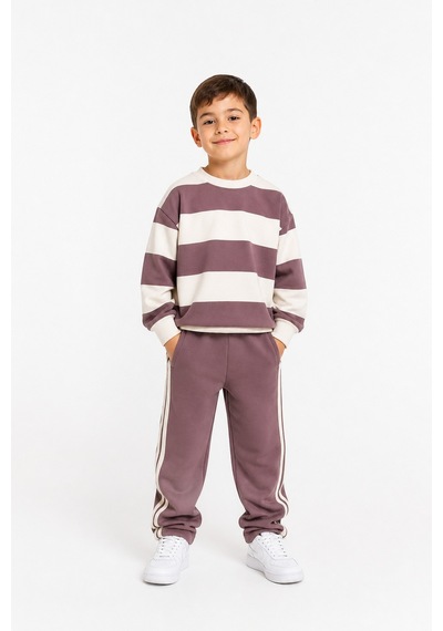 Eray Alp Kids Unisex Çocuk Çizgi Detaylı Şardonsuz Alt Üst Takım Kahverengi