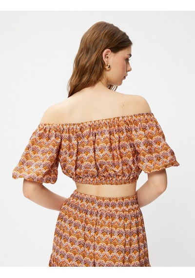 Koton Crop Bluz Etnik Baskılı Lastik Detaylı Kahverengi Desenli 3sak60175ew