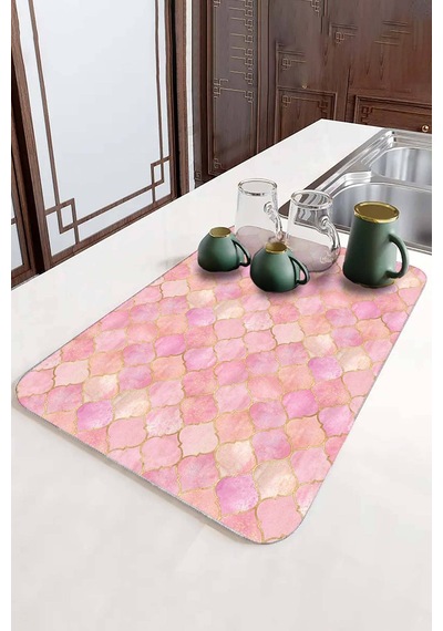 Pembe Fas Desen Microfiber Bulaşık Kurutma Matı Mm003