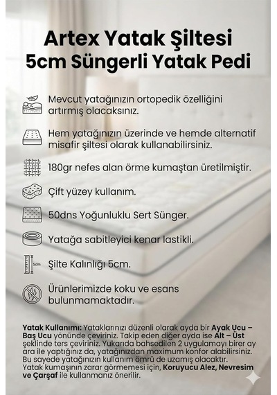 Artex Nano 5cm Sünger Şilte 180x200 Ped Yatak Şiltesi Pedi Topper Katlanabilir Katlanır Genel