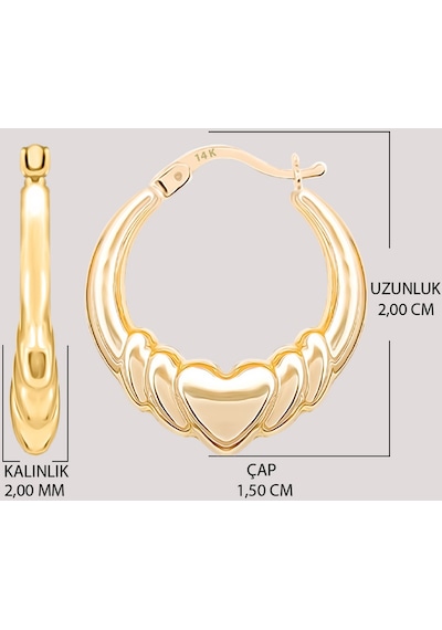 Prenses Pırlanta Altın Küpe 14 Ayar Altın Kalpli Halka Küpe-1,50 Cm