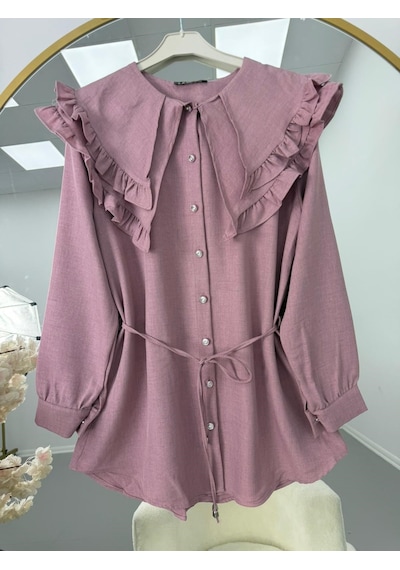 Lovie Moda Fırfır Yaka Bağcıklı Tunik Pembe