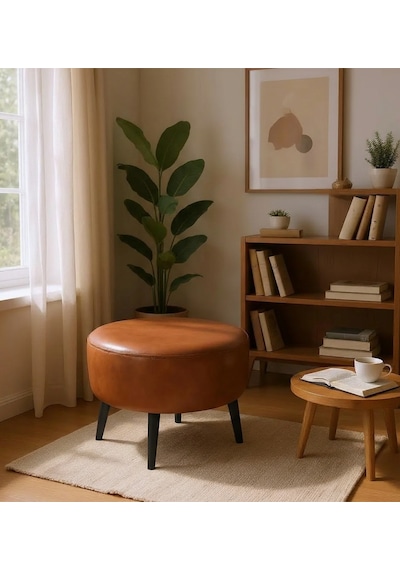 Waterybrook Suni Deri Puf Large - Siyah Ahşap Ayaklı - Retro Modern Tasarım - Dekoratif Sehpa Taba Kahverengi
