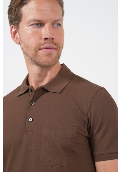 Kahverengi Polo Yaka Kısa Kol Cepli Comfort Fit Pamuklu Tişört 1011260155 Koyu Kahverengi