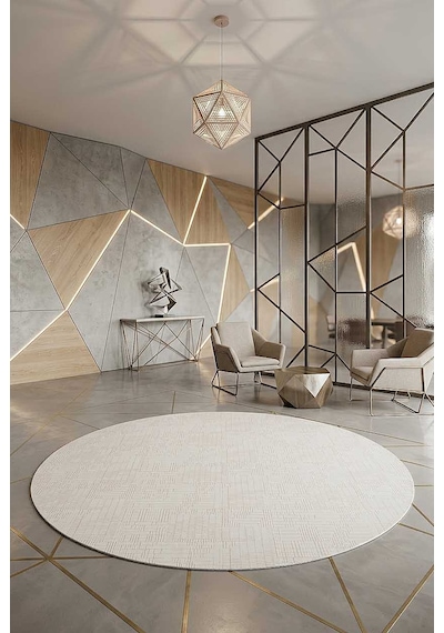 Geometrik Abstract Desenli Prato İpeksi Lüks Viskon Yuvarlak Halı Pr08 Gri Beyaz