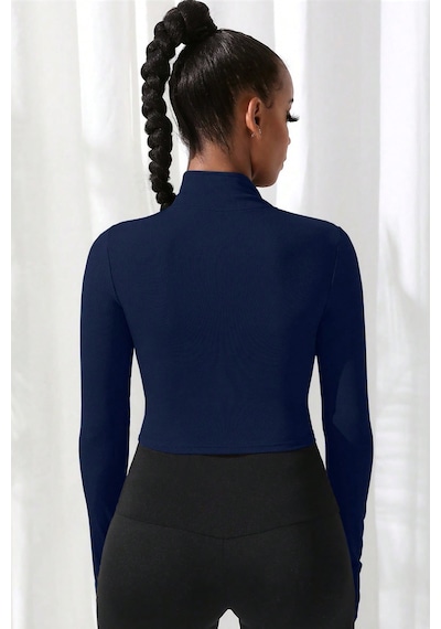 Fantezia Night Kadın Bordo Uzun Kol Fermuarlı Parmak Geçme Detaylı Dik Yaka Crop Top Bluz Lacivert