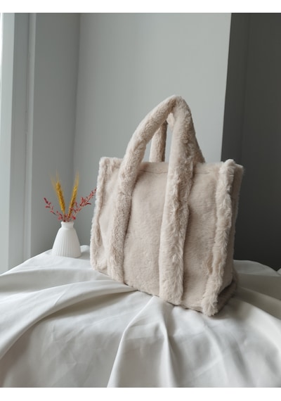 Vivazzaluxe Vintage Peluş Kürk Model Sonbahar, Kış Tote Bag Kadın El, Kol, Omuz Çanta Krem