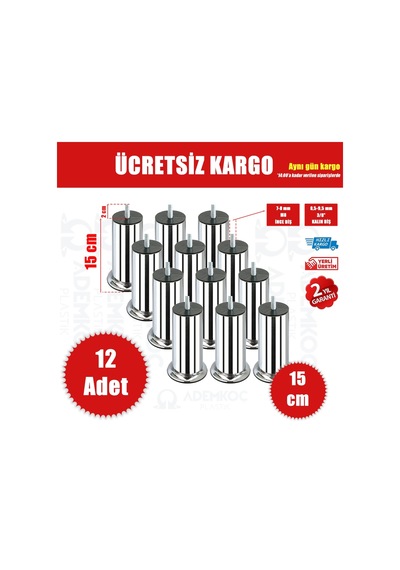 Ademkocplastik 15 Cm Baza Koltuk Kanepe Ayağı Civatalı M8-İnce Diş-12 Adet