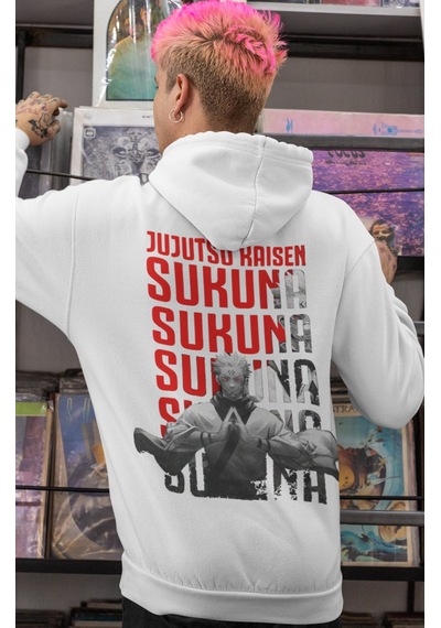 Sevbano Jujutsu Kaisen Ryomen Sukuna Anime Sırt Baskılı Unisex Oversize P beyaz