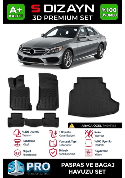 S-dizayn Mercedes C Serisi W205 3d Pro Havuzlu Paspas Ve Bagaj Havuzu Seti 2'li Set 2014-2020 A+ K